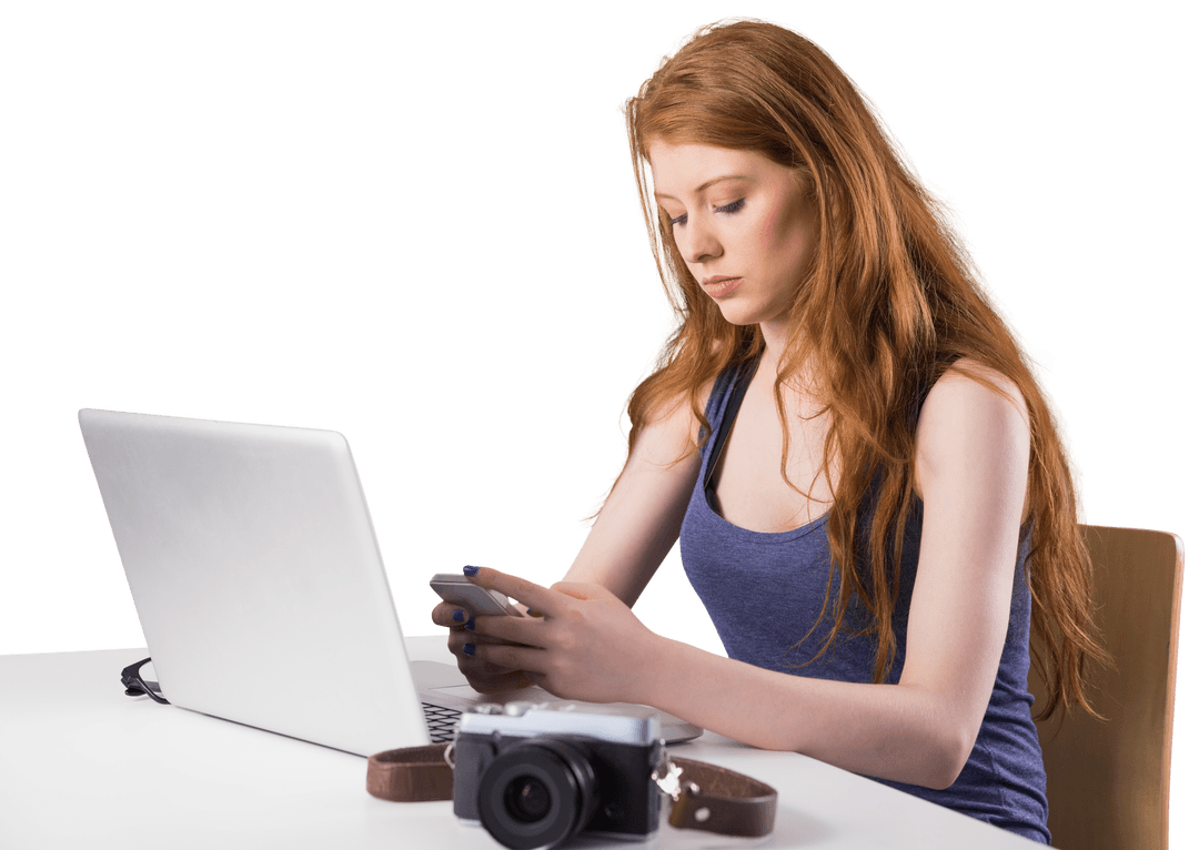 Redhead Woman Focusing on Smartphone, Laptop, Camera Interaction Transparent
