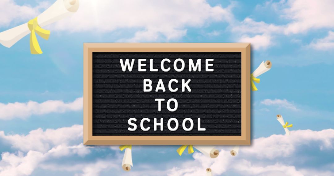 Welcome Back to School Sign with Flying Diplomas - Free Images, Stock Photos and Pictures on Pikwizard.com