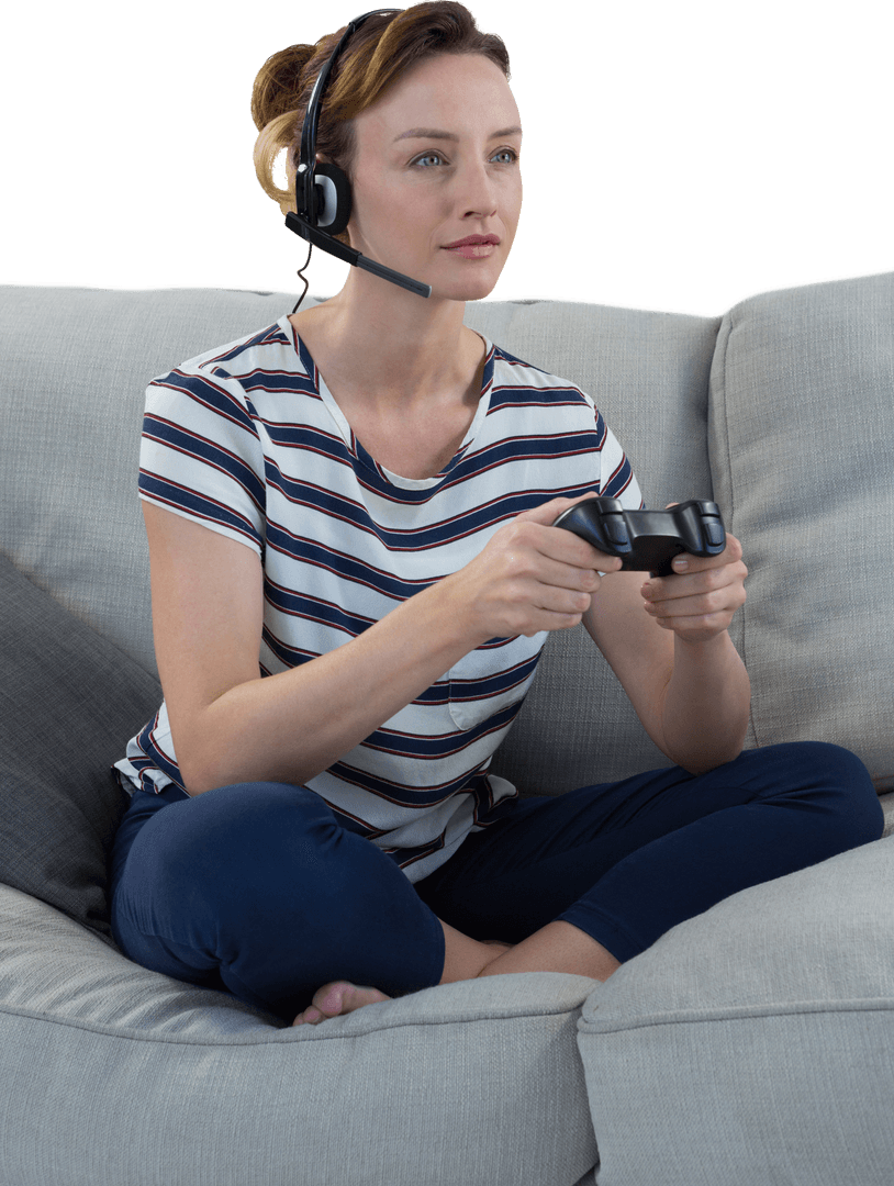 Woman Wearing Headset Playing Video Games on Transparent Background