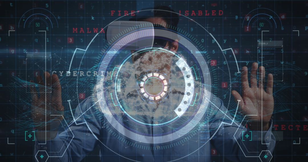 Man Using VR Headset Investigating Digital Cybercrime Interface