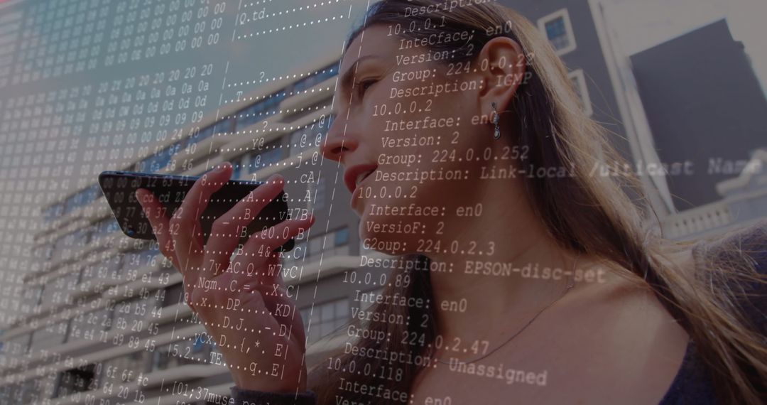 Businesswoman Using Voice Command on Smartphone with Digital Interface Overlay