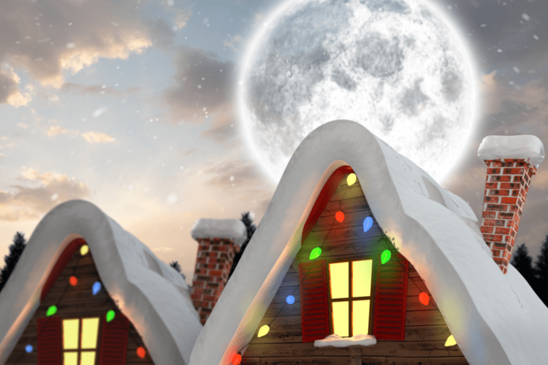 Charming Snow-Covered Cottages with Christmas Lights and Full Moon on Transparent PNG