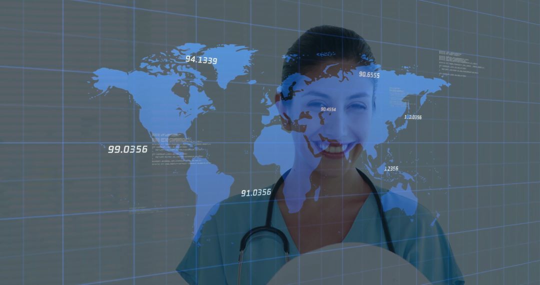 Nurse Smiles with Global Map Data Transparently Overlaying