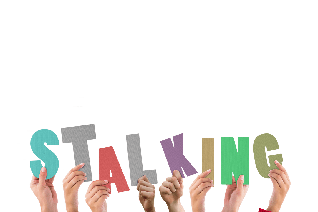 Hands Holding Letters Forming Stalking Text on Transparent Background