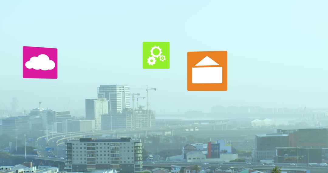 Digital Interface Icons Over Cityscape Skyline