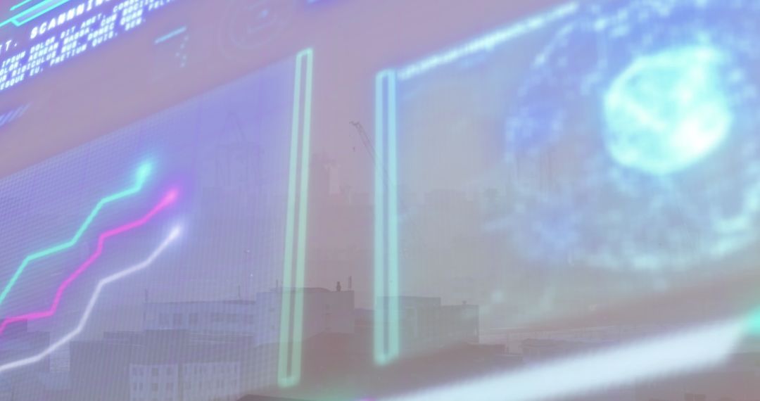 Digital Interface Overlaying City Skyline Illustrates Data Processing