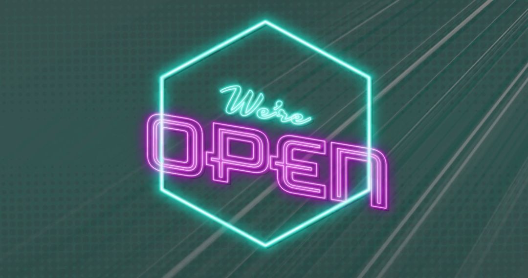 Neon 'We're Open' Sign in Geometric Shape on Green