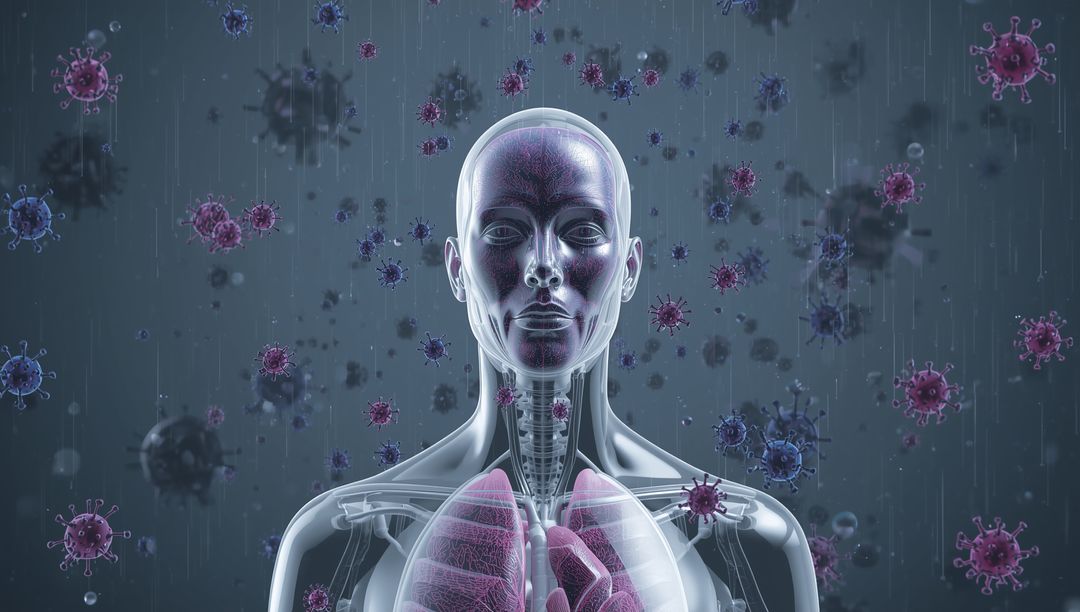 Digital Human Anatomy with Viruses Surrounding in Futuristic Scene
