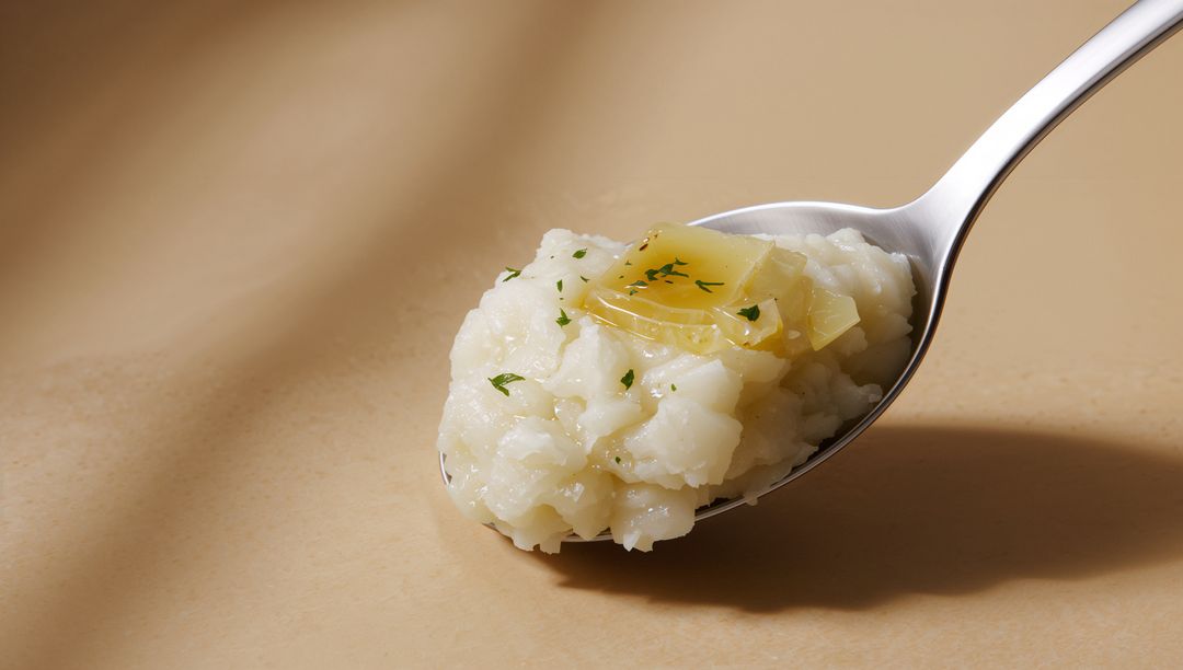 Creamy Arborio Risotto Spoonful with Melting Butter and Parsley on Warm Beige Surface