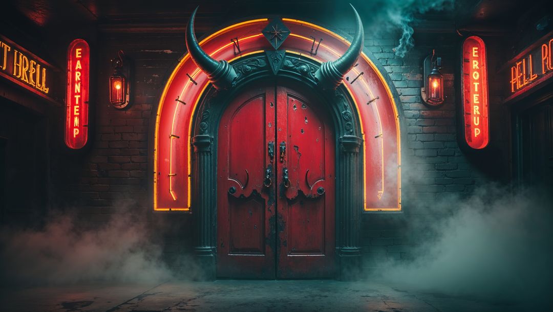 Mysterious red hell double doors with neon glow and fog