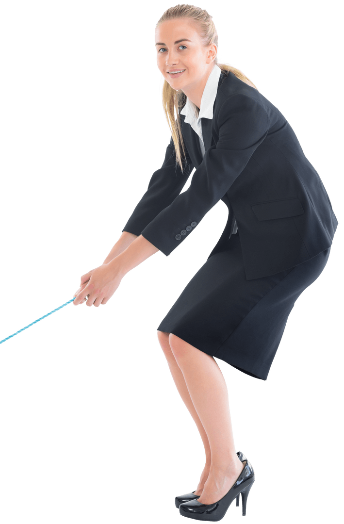 Blonde Businesswoman Smiling While Pulling Invisible Rope Transparent Background