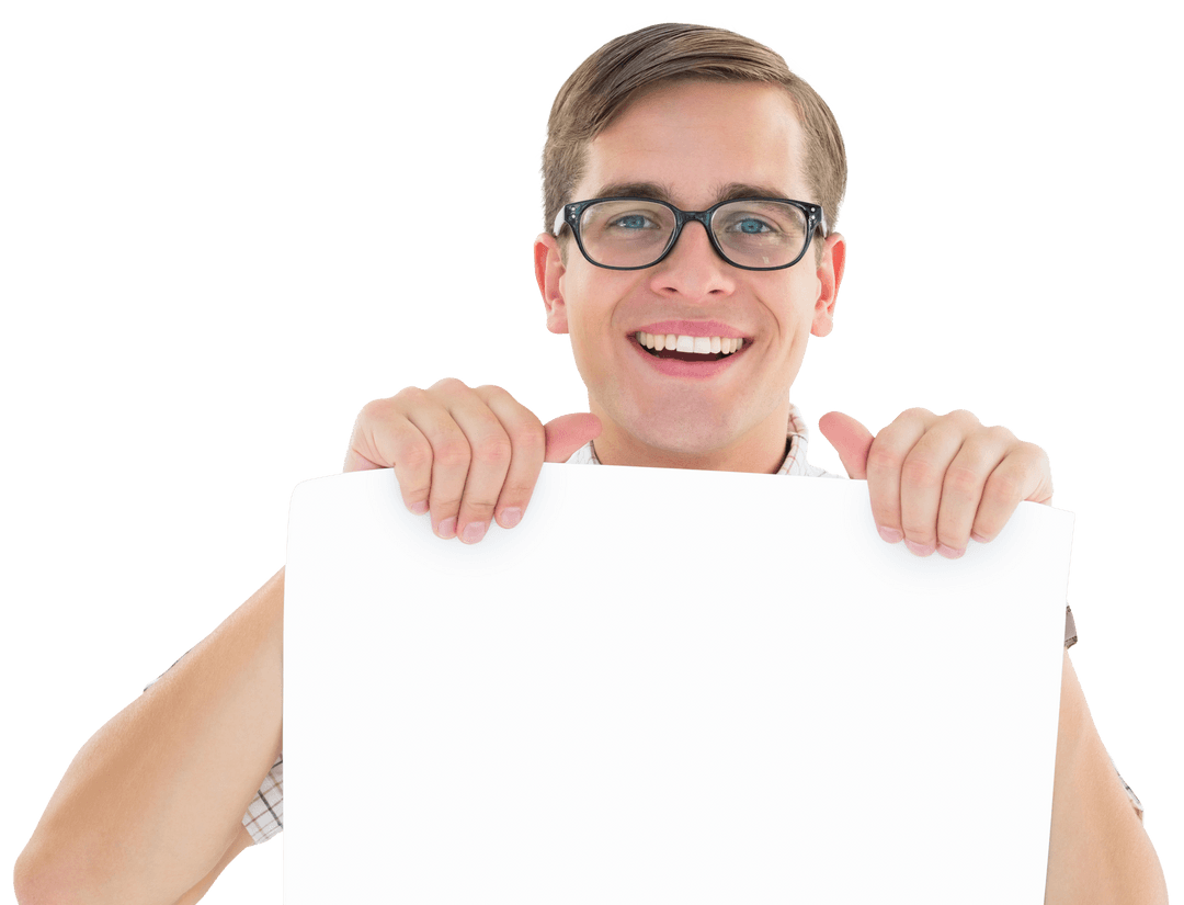 Transparent Smiling Geeky Hipster Holding Blank Card for Advertising