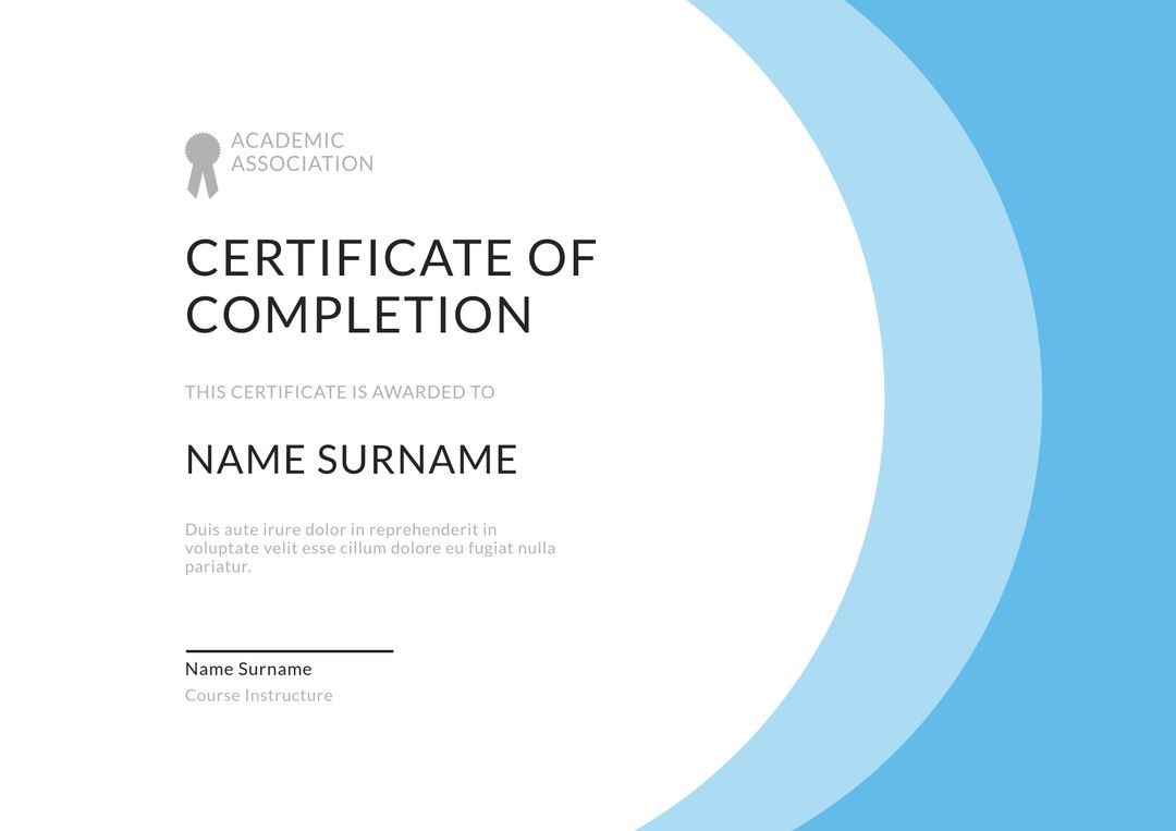 Professional Certificate of Completion Template with Blue Design - Download Free Stock Templates Pikwizard.com