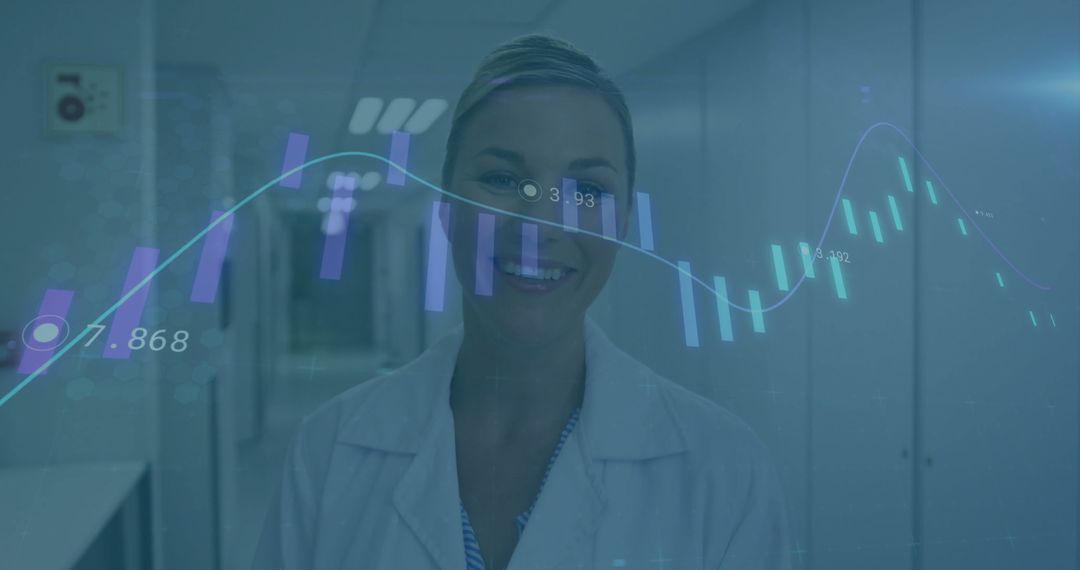 Smiling Scientist in Lab with Futuristic Data Overlay
