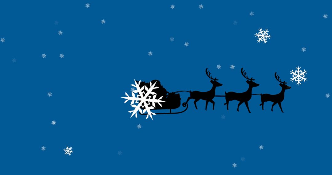 Silhouette of Santa's Sleigh with Reindeer in Snowy Night Sky