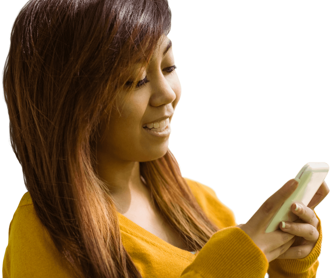 Transparent Smiling Woman Using Smartphone in Park Setting