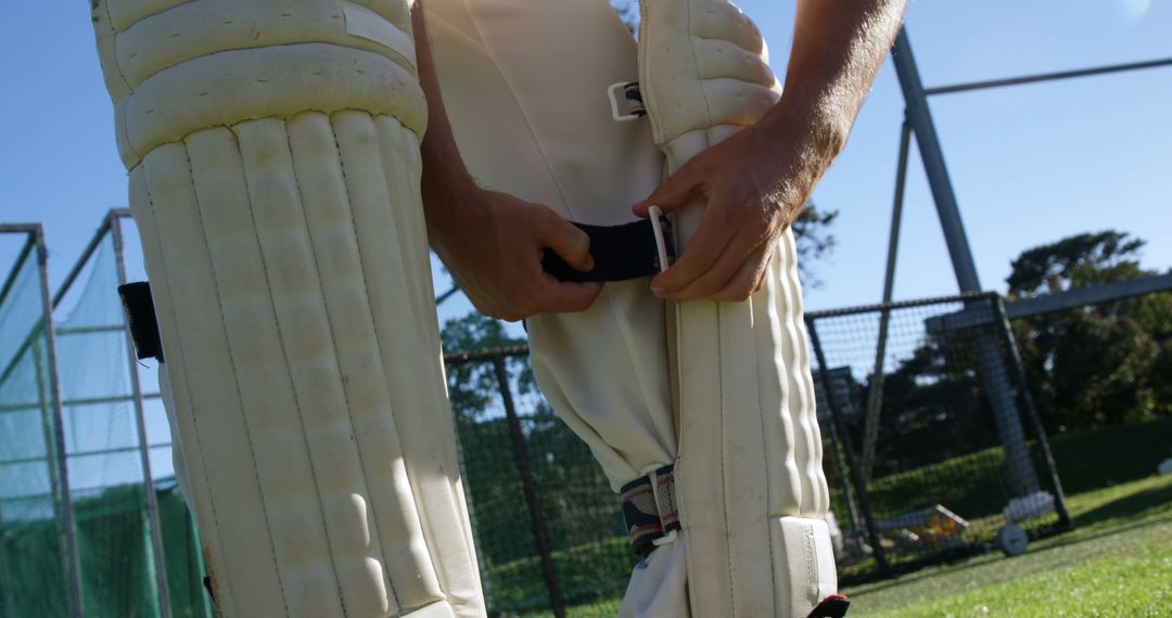 Cricket Player Securing Batting Pads at Outdoor Practice