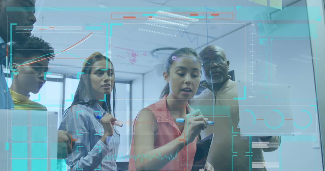 Diverse Team Brainstorming Ideas on Transparent Screen