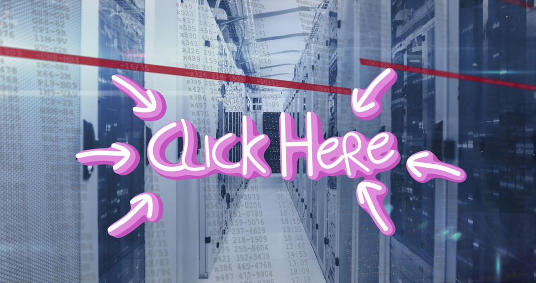 Neon Click Here Sign Overlay on Server Room Cybersecurity Visual