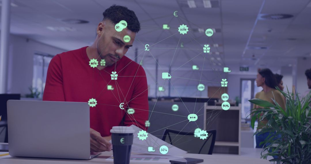 Man Analyzing Data with Digital Technology Interface in Modern Office