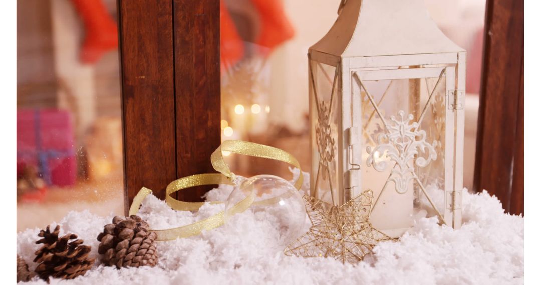 Cozy Christmas Lantern with Snowy Decorations Near Window
