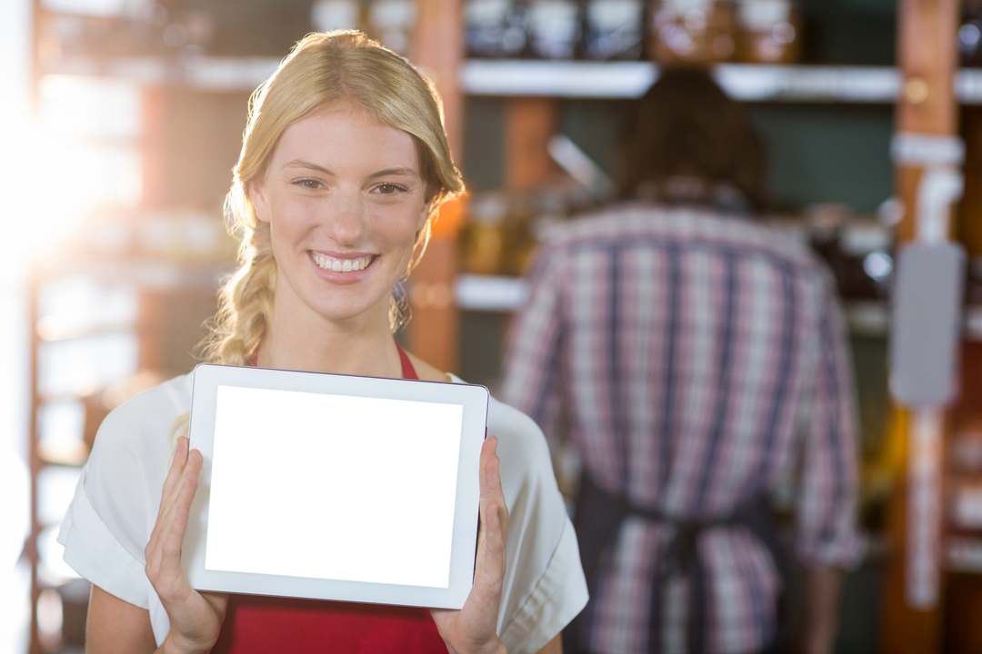 Smiling Supermarket Staff Presenting Transparent Digital Tablet Display - Download Free Stock Images Pikwizard.com