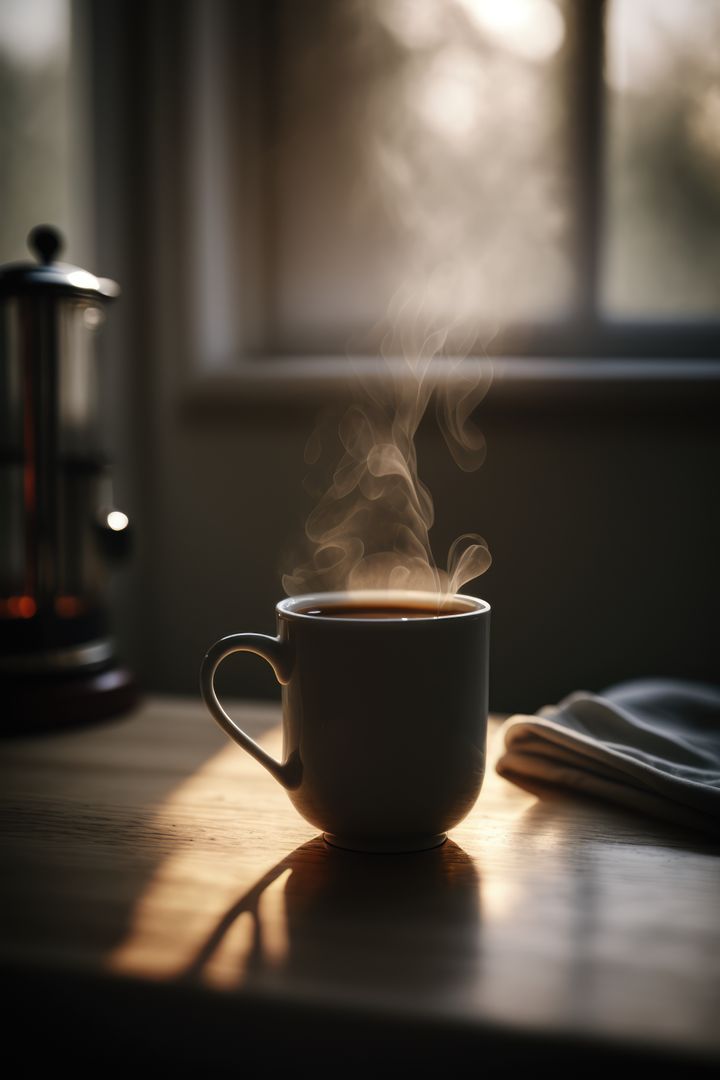 Morning Light with Steaming Cup of Coffee on Wooden Table - Free Images, Stock Photos and Pictures on Pikwizard.com