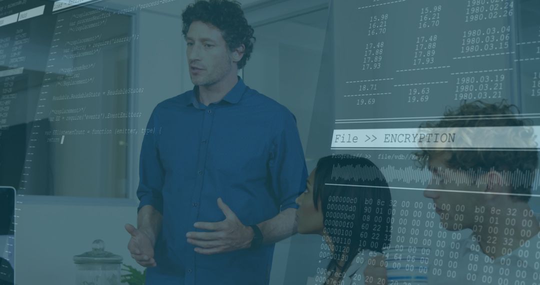 Professional Presentation amidst Code Overlay in Modern Conference Room