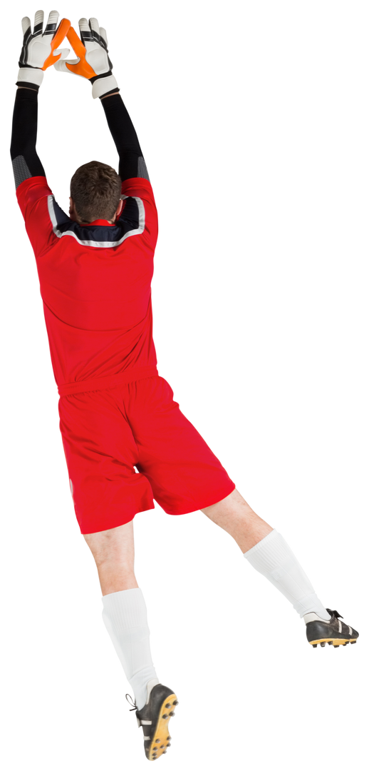 Transparent energetic goalkeeper in red jumping up high holding out hands - Download Free Stock Images Pikwizard.com