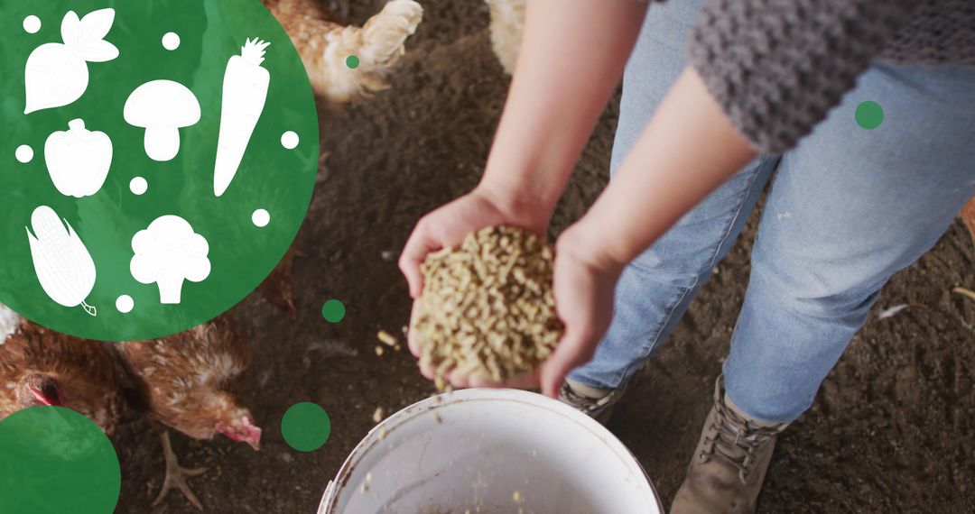 Person Feeding Chickens on Sustainable Poultry Farm with Vegetable Graphics