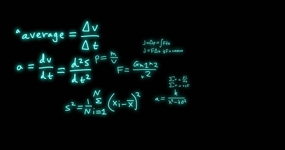 Glowing Neon Equations on Black Background Illustrating Physics Concepts