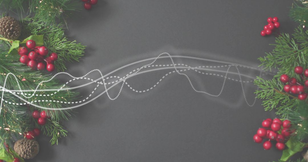 Evergreen holiday border with red berries and pinecones on charcoal backdrop, light wave accents
