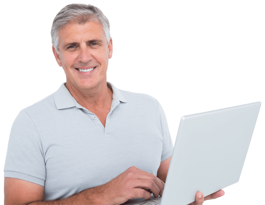 Smiling Senior Man Using Laptop on Transparent Background