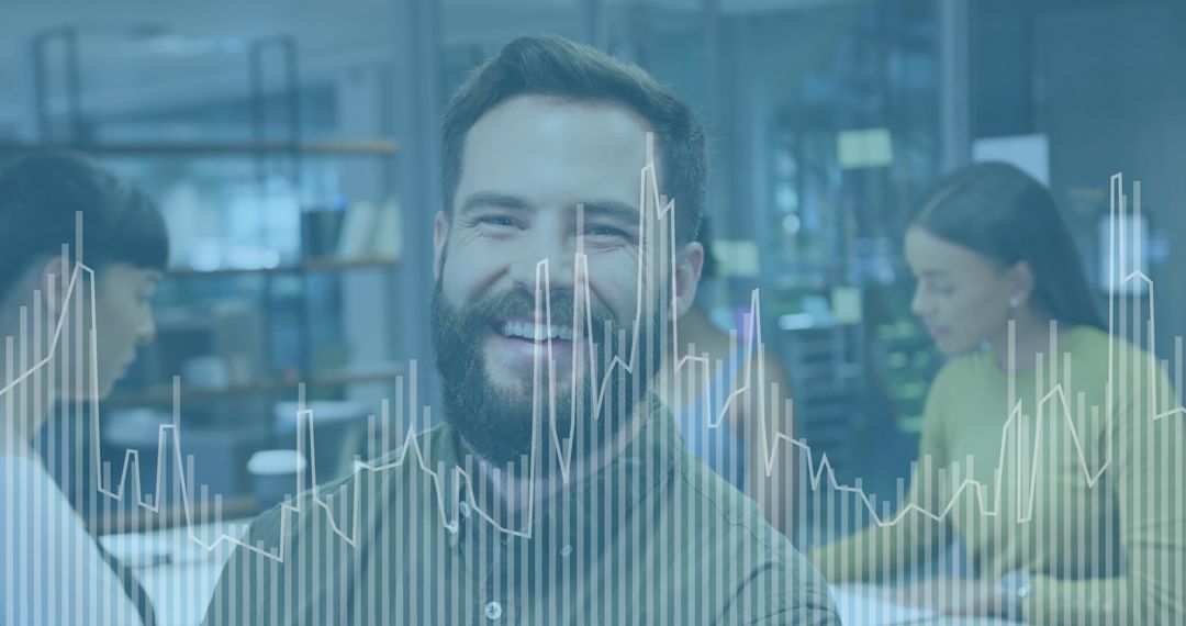 Smiling Professional with Digital Chart Overlay in Modern Office