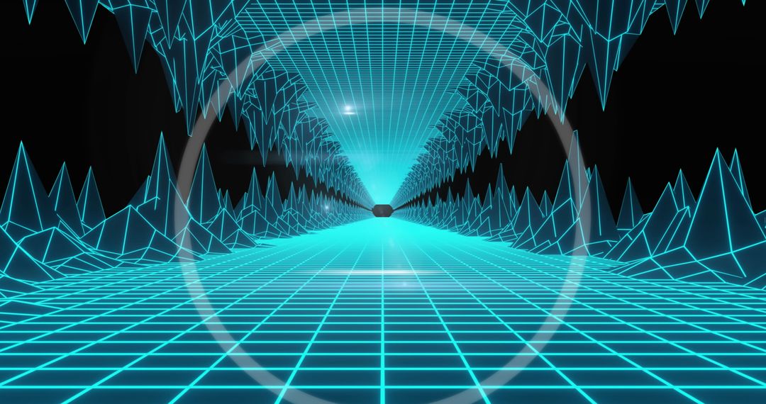 Futuristic Digital Tunnel Interface with Grid Lines and Circular Overlay