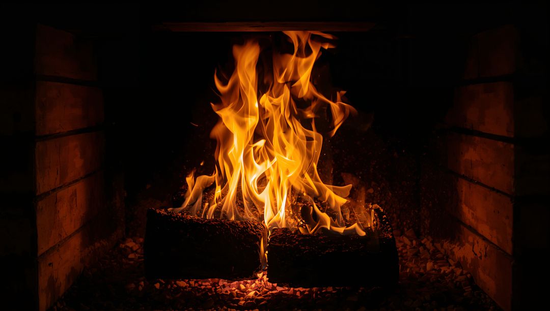 Cozy Fireplace Flames Dancing Over Burning Logs in Brick Hearth with Glowing Embers