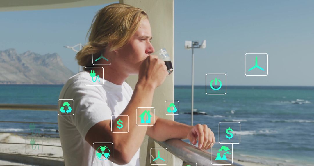 Man Enjoying Coffee on Coastal Terrace with Eco-Tech Symbols