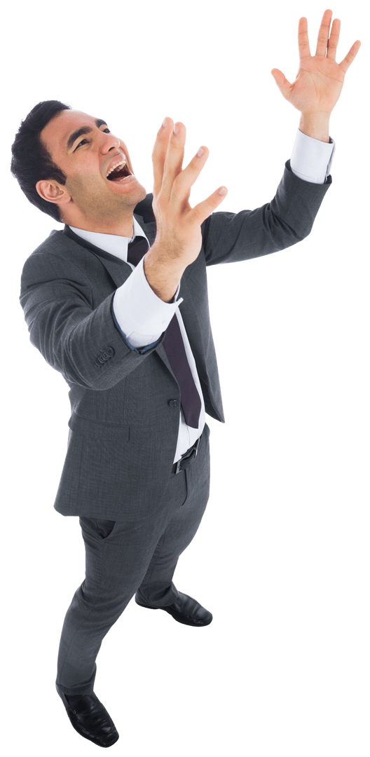 Excited Businessman in Suit Raising Arms on Transparent Background