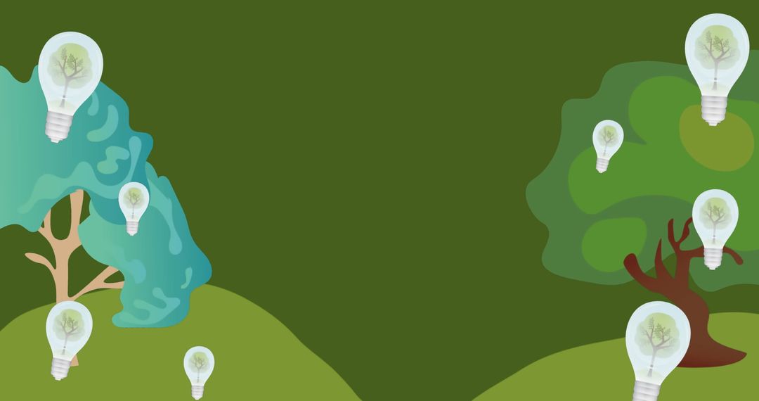 Eco-friendly Light Bulbs with Trees Inside on Green Landscape