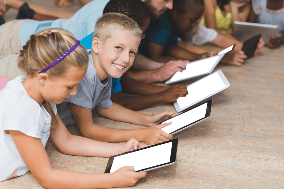 Kids Engaging with Tablets on Transparent Decline Hardwood Library Floor