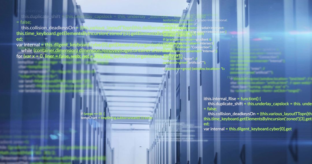 Data Center Aisle with Futuristic Coding Overlay