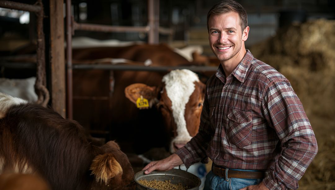 Smiling Farmer Feeding Cattle in Rural Barn Setting