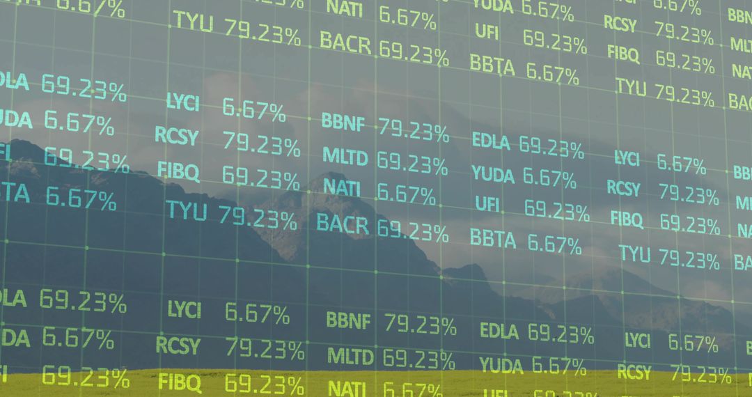 Financial Data Overlays Displayed on Scenic Mountain Landscape
