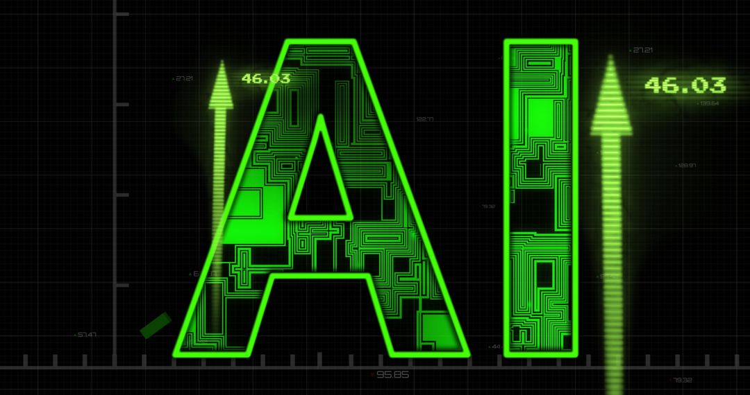 Futuristic AI Concept with Digital Circuitry and Rising Arrows