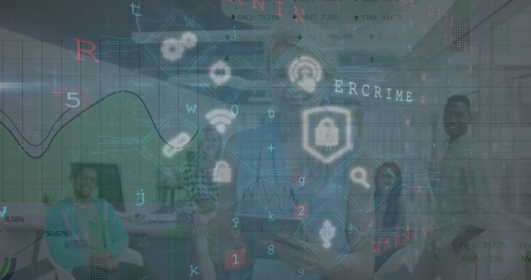 Mixed Group of Business People with Digital Finance and Security Graphics