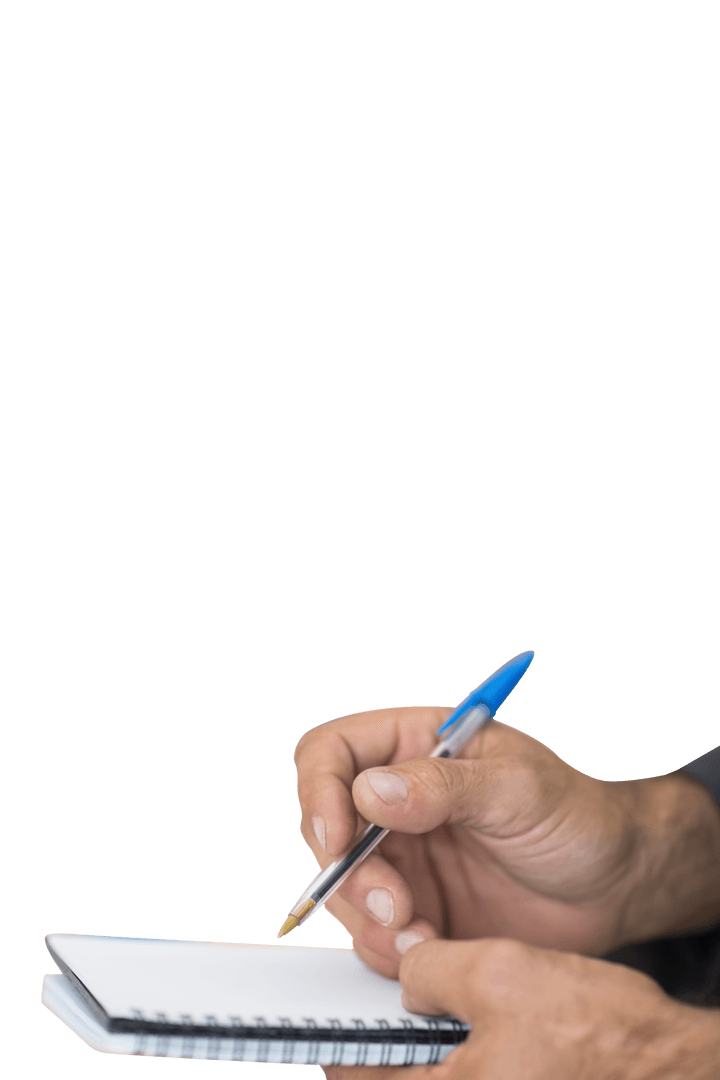 Transparent Hands Writing Notes on Spiral Notepad Close-Up