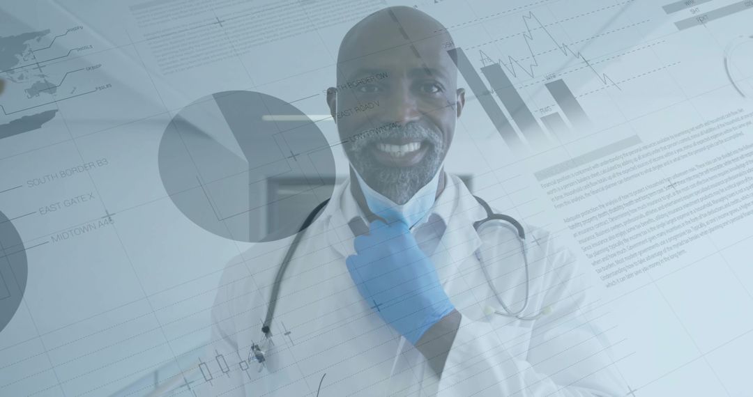 Confident Doctor with Overlaid Data Graphics in Clinical Setting