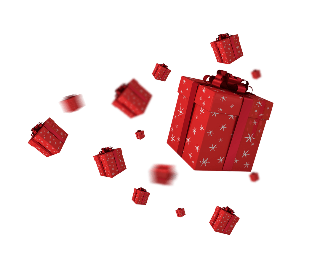 Red Gift Boxes with Snowflakes Falling on Transparent Background