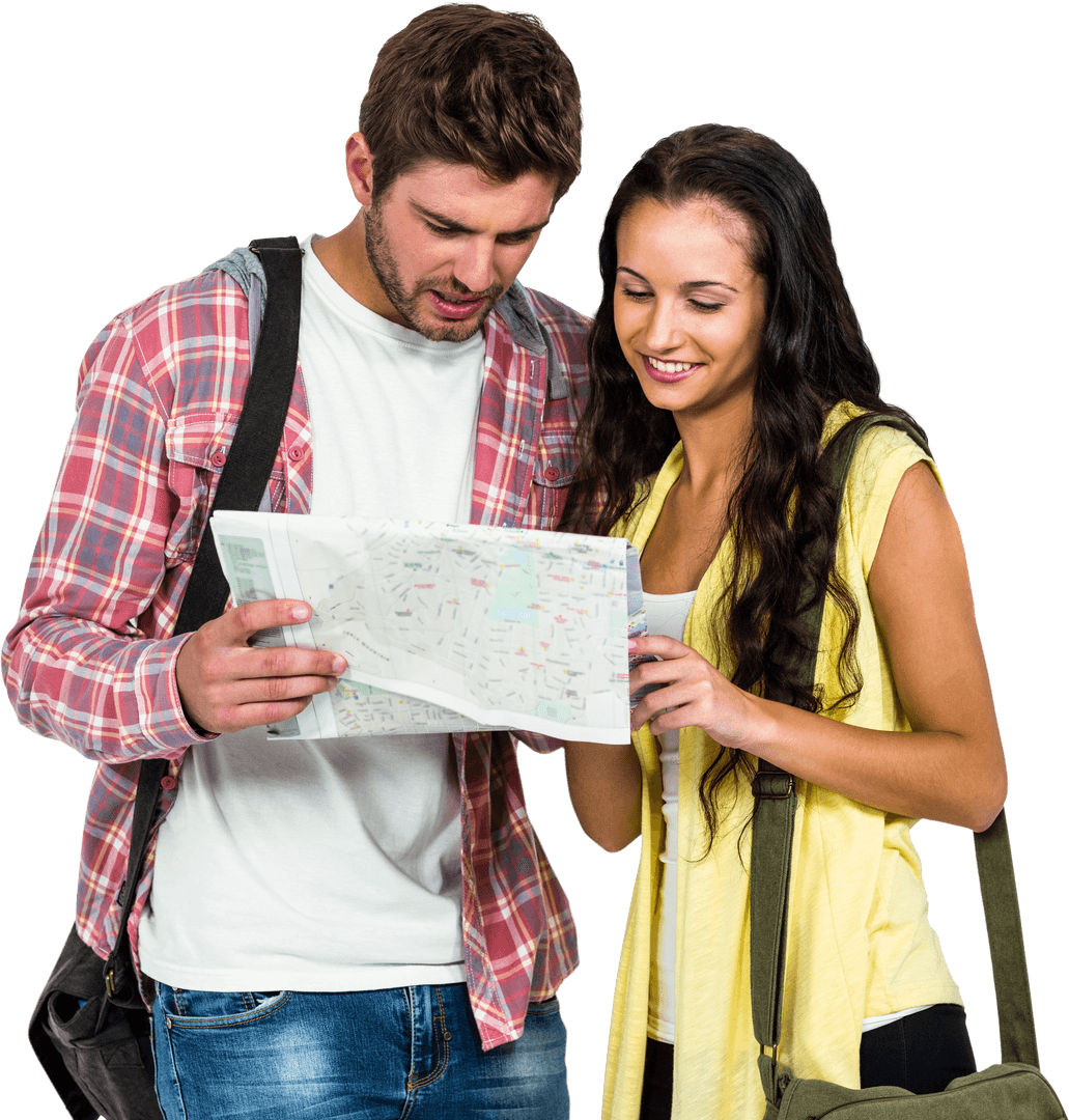 Transparent Couple Exploring City with Map Smiling and Standing Close Together