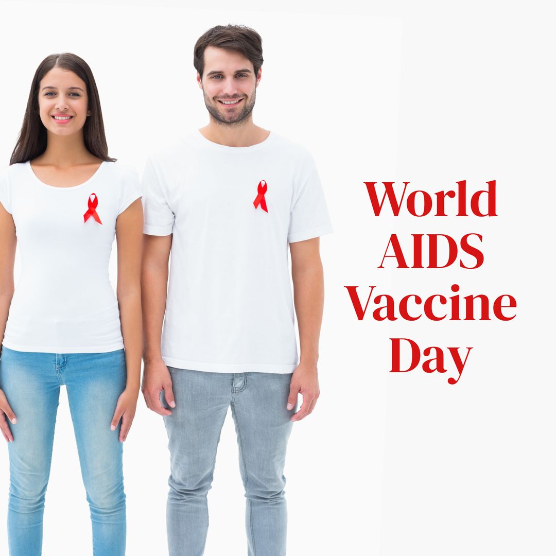 World AIDS Vaccine Day Concept with Caucasian Couple and Red Ribbons